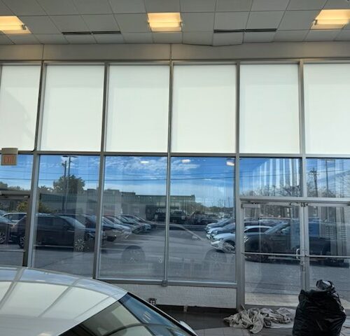 Interior showroom at Ken Ganley Volkswagen with Solyx Snow White Light Diffuser film installed for glare reduction and privacy.