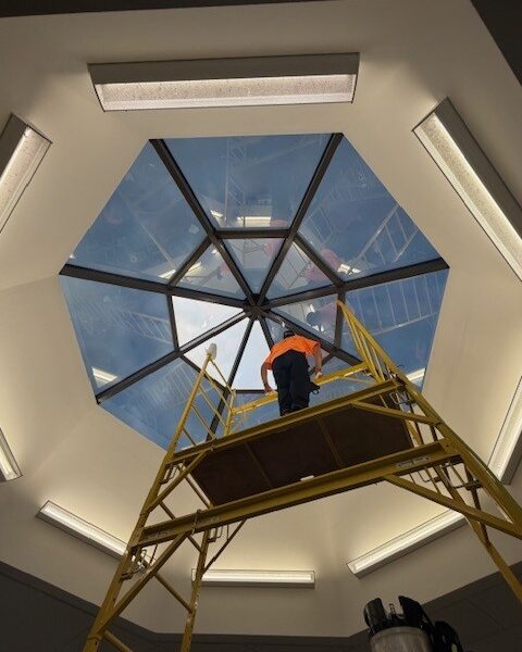 Skylight installation nearing completion with only a few 3M Affinity 15 panels remaining.